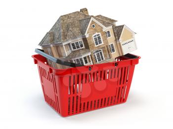 Houses is in a shopping basket. real estate market concept. 3d illusration