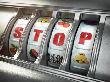 Stop gambling addiction concept. Slot machine with text stop. 3d illustration