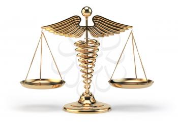 Medical caduceus symbol as scales. Concept of medicine and justice. 3d illustration