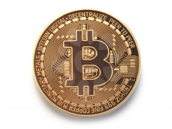 Golden bitcoin coin virtual currency isolated on white background. 3d illustration