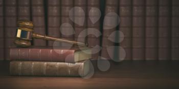 Gavel on the background of vintage lawyer books. Concept of law and justice. 3d illustration