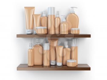 Shelf with cosmetics and toiletries. 3d illustration