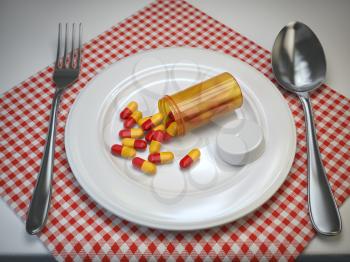 Pils in the plate with fork and spoon. Pharmacy diet nutrition concept. 3d illustration
