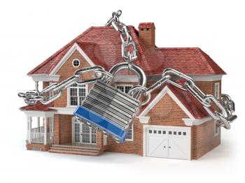 House with chain and padlock. Home security concept. 3d illustration