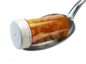 Biox with pills and capsules  in the spoon. Pharmacy diet nutrition and medication concept. 3d illustration