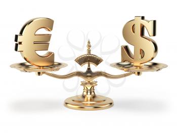 Scale with symbols of currencies euro and US dollar isolated on white background. 3d illustration