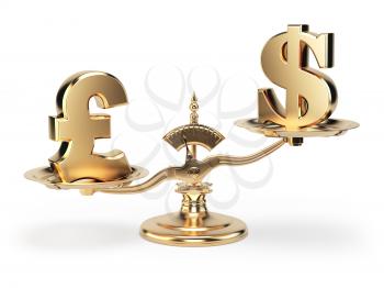 Scale with symbols of currencies UK pound and US dollar isolated on white background. 3d illustration