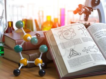 Chemistry .Laboratory equipment microscope with flasks, vials and model of molecule and book of chemistry. 3d illustration