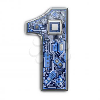 Number 1 one, Alphabet in circuit board style. Digital hi-tech letter isolated on white. 3d illustration