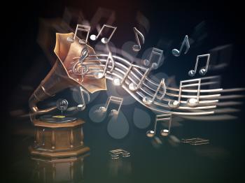 Gramophone with golden notes. Music art background. 3d illustration