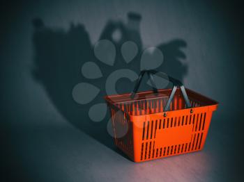 Empty shopping basket with shadow like a full of products and grocery. Poverty or crisis concept, 3d illustration