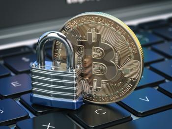 Cryptocurrency bitcoin coin and padlock lock on computer keyboard. Internet security and protection concept. 3d illustration