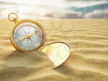 Compass on sea sand. Travel destination and navigation concept. 3d illustration