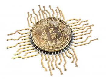 Bitcoin like a  CPU computer processor isolated on white background.  3d illustration