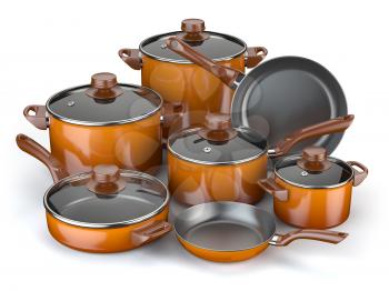 Pots and pans. Set of cooking kitchen utensils and cookware. 3d illustration