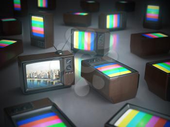 Pile of vintage TV with one in standby. TV channels concept 3d illustration