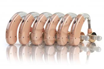 Hearing aids in a row isolated on white background. Deaf ear aid. 3d illustration