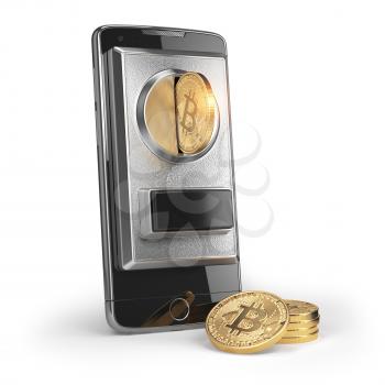 BItcoin coin and mobile phone  isolated on white. Pay by bitcoin concept. 3d illustration