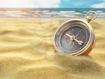 Compass on sea sand. Travel destination and navigation concept. 3d illustration