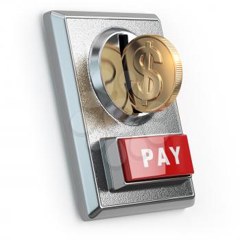 Paying  concept. Coin with dollar sign and coin acceptor isolated on white. 3d illustration