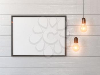 Mock up white blank poster or photo on wall and vintage light bulbs. 3d illustration