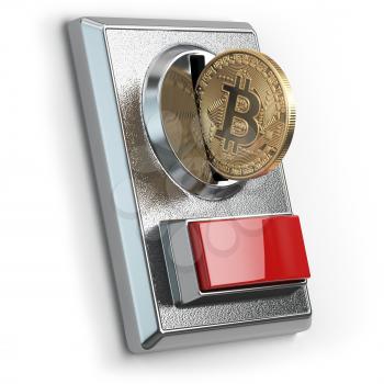 Pay by bitcoin concept. BItcoin coin and coin acceptor isolated on white. 3d illustration