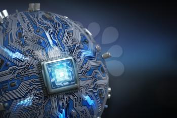 Circuit board system chip with core processor. Spherical computer motherboard with CPU. Futuristic computer technology background. 3d illustration