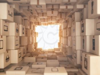 Internet online shopping and delivery concept. Household kitchen appliances and home technics in boxes.E-commerce abstract background from carton boxes. 3d illustration