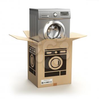 Washing machine in carton cardboard box. E-commerce, internet online shopping and delivery concept. 3d illustration