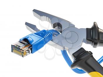 Pliers cutting lan network computer cable. Pliers cutting lan network computer cable. Internet connection disconnected. 3d illustration