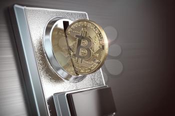 Pay by bitcoin concept. BItcoin coin and coin acceptor. 3d illustration