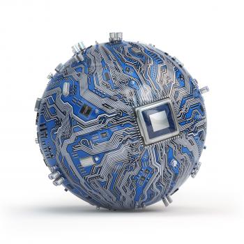 Circuit board system chip with core processor. Spherical computer motherboard with CPU isolated on white background. Futuristic computer technology. 3d illustration