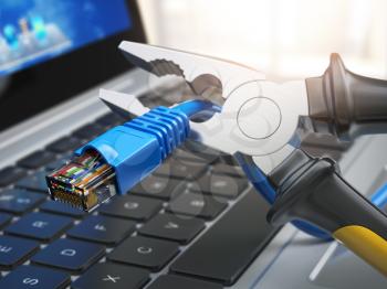 Pliers cutting lan network computer cable over laptop keyboard. Internet connection disconnected. 3d illustration