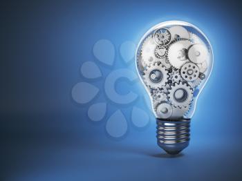 Light  bulb and gears. Perpetuum mobile. Innovation, creativity and idea concept background. 3d illustration