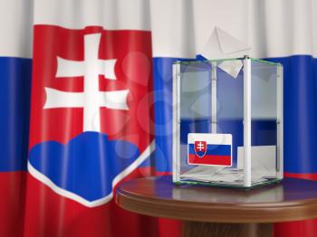 Ballot box with flag of Slovakia and voting papers. Slovak presidential or parliamentary election. 3d illustration