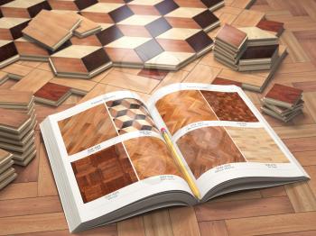 Few types of wooden parquet coating and catalog. Stack ofr parquet wooden planks. 3d illustration