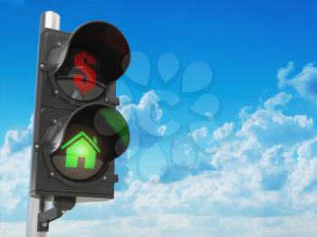 House and dollar symbols on the traffic light. Savings or real estate investment concept. 3d illustration