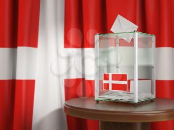Ballot box with flag of Denmark and voting papers. Danish presidential or parliamentary election. 3d illustration