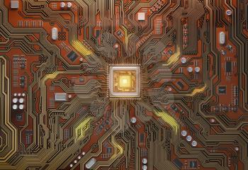 Circuit board with CPU.  Motherboard system chip with glowing processor. Computers technology and internet concept. 3d illustration