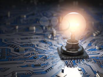 Glowing light bulb as CPU on motherboard circuit board. Idea creativity business concept. 3d illustration