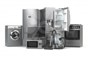 Home appliances. Set of household kitchen technics isolated on white background. Fridge, gas cooker, microwave oven, washing machine and vacuum cleaner. 3d illustration