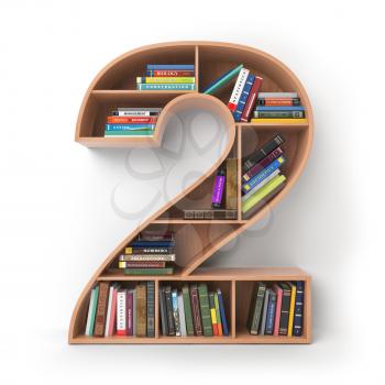 Number 2 two.. Alphabet in the form of shelves with books isolated on white. 3d illustration
