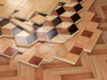 Stack ofr parquet wooden planks. Few types of wooden parquet coating. 3d illustration
