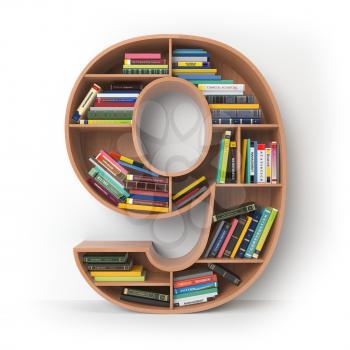 Number 9 nine. Alphabet in the form of shelves with books isolated on white. 3d illustration