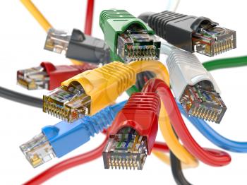 Computer network LAN cables rj45 of different colors.  Imternet connections choice concept. 3d illustration