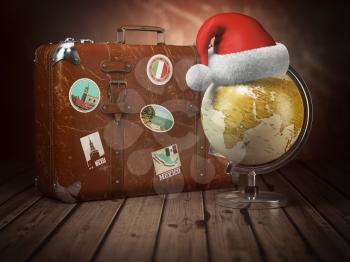Christmas or new year travel concept. Old suitcase with globe nad santa hat on wood  background. 3d illustration