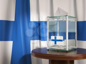 Ballot box with flag of Finland and voting papers. 	Finnish presidential or parliamentary election. 3d illustration