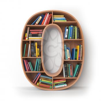 Number 0 zero. Alphabet in the form of shelves with books isolated on white. 3d illustration