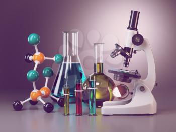 Microscope with flasks, vials and model of molecule. Chemistry or medical pharmaceutical labratory tools. 3d illustration