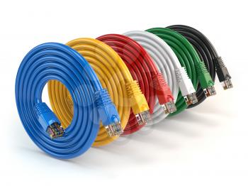 Set of colorful of LAN network connection ethernet cables. Internet cords RJ45 isolated on white background. 3d illustration